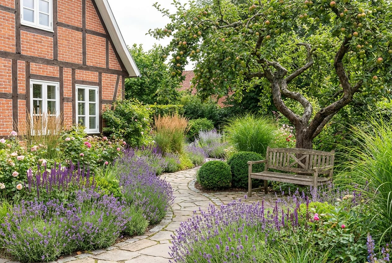 Neu gestalteter Bauerngarten am Fachwerkhaus