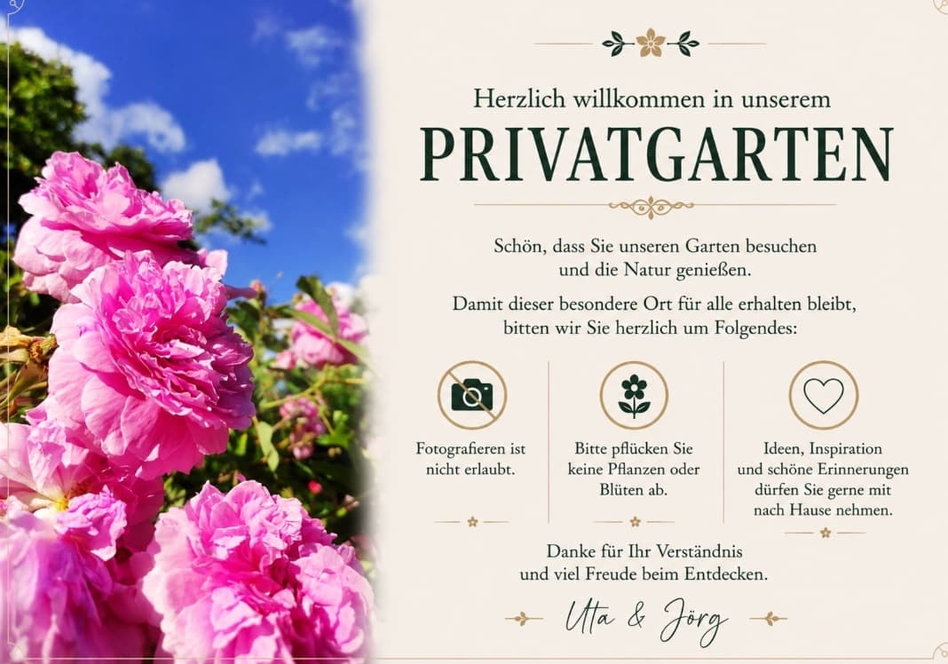 Privatgarten im Alten Land — Willkommensschild von GRÜNRAUM-Konzepte (Uta & Jörg)