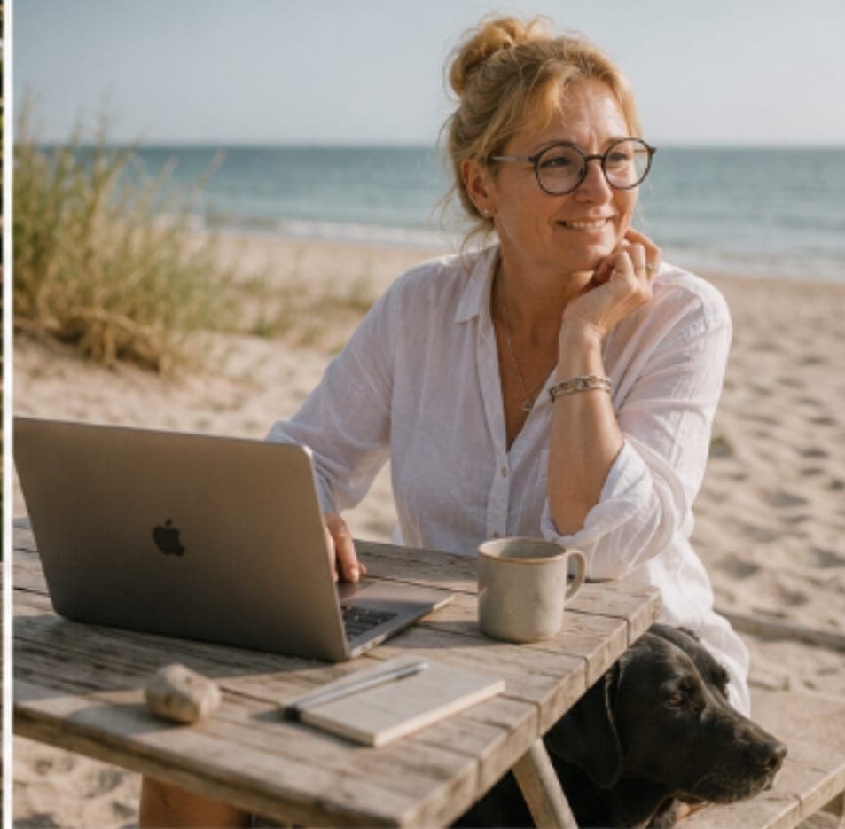 Katrin Lampé am Strand an der Ostsee mit Laptop und ihrem Hund Louis
