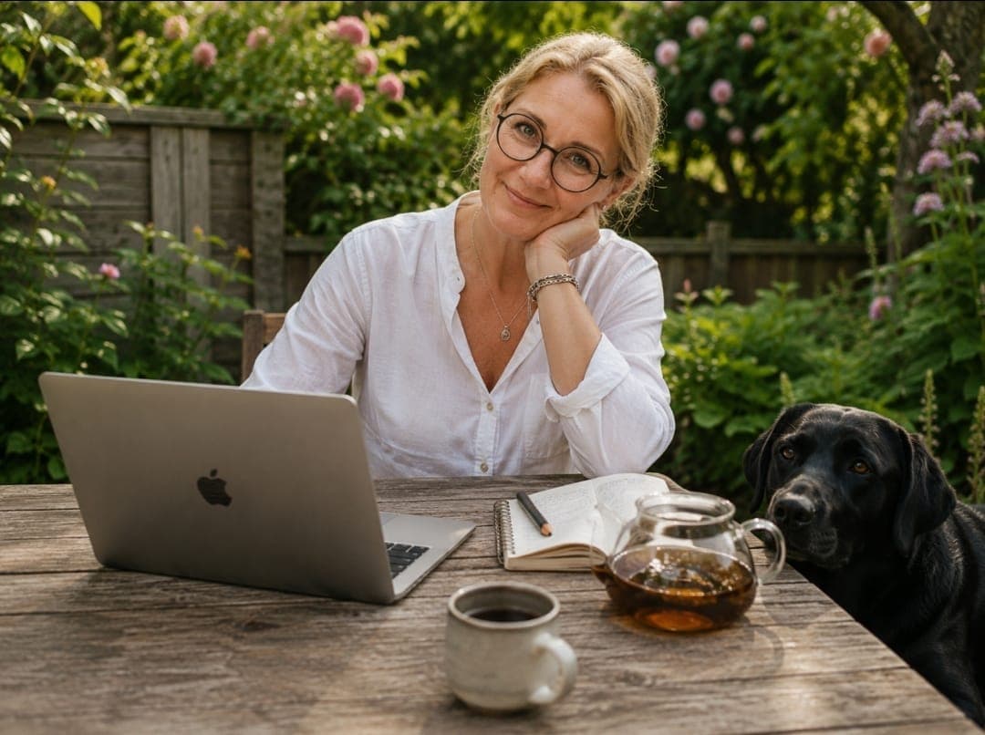 Katrin Lampé an ihrem Gartentisch mit Laptop und Hund Louis